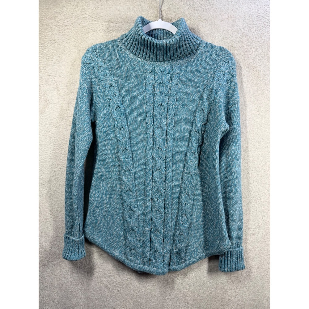 L.L. Bean Turtleneck Sweater Womens SP Blue Cable Knit Fisherman Cotton 506126